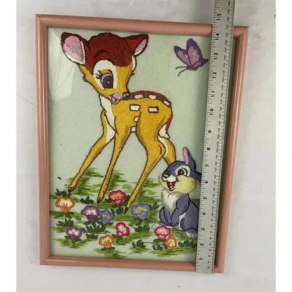 VTG Embroidery Bambi & Thumper Needlework Framed 80's MCM Wall Art 11.5"X14.5" - Picture 7 of 12